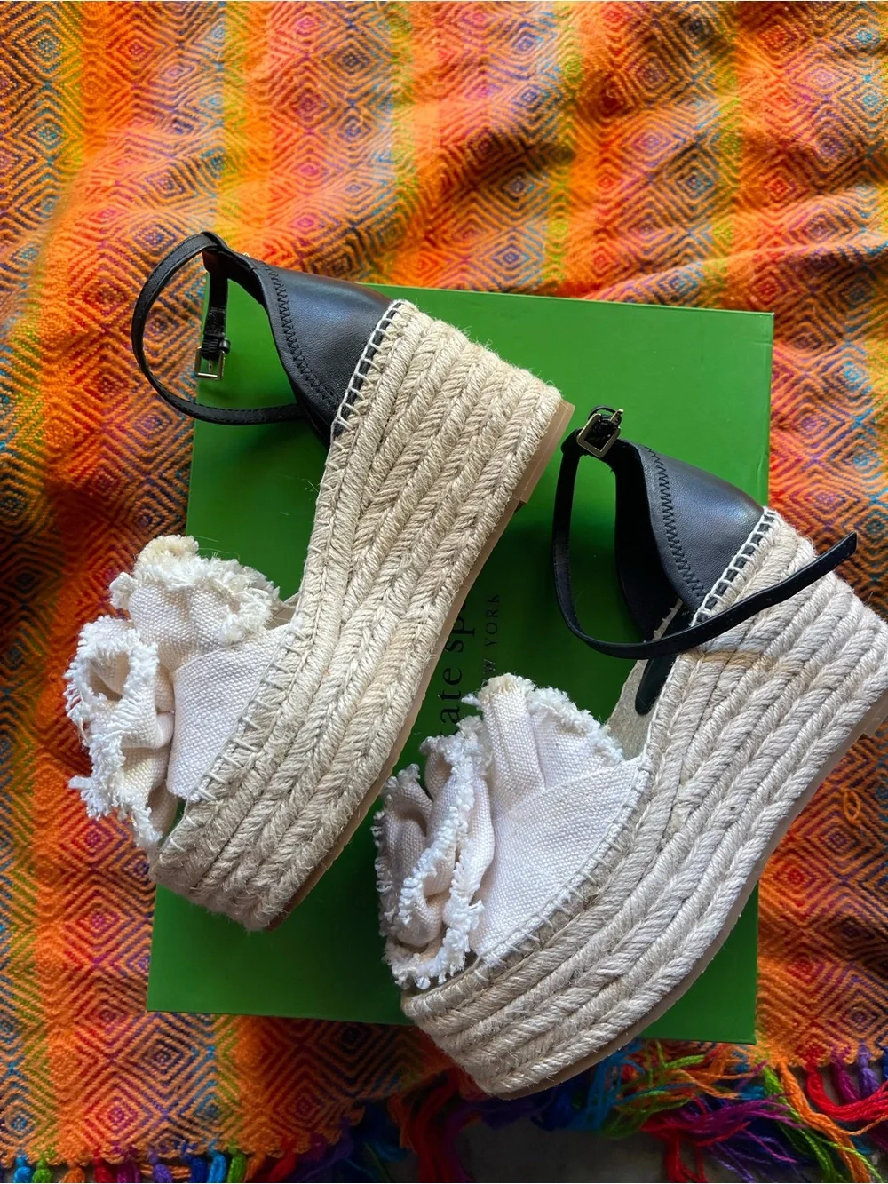 kate spade Cream and Black Espadrille Wedge Sandals